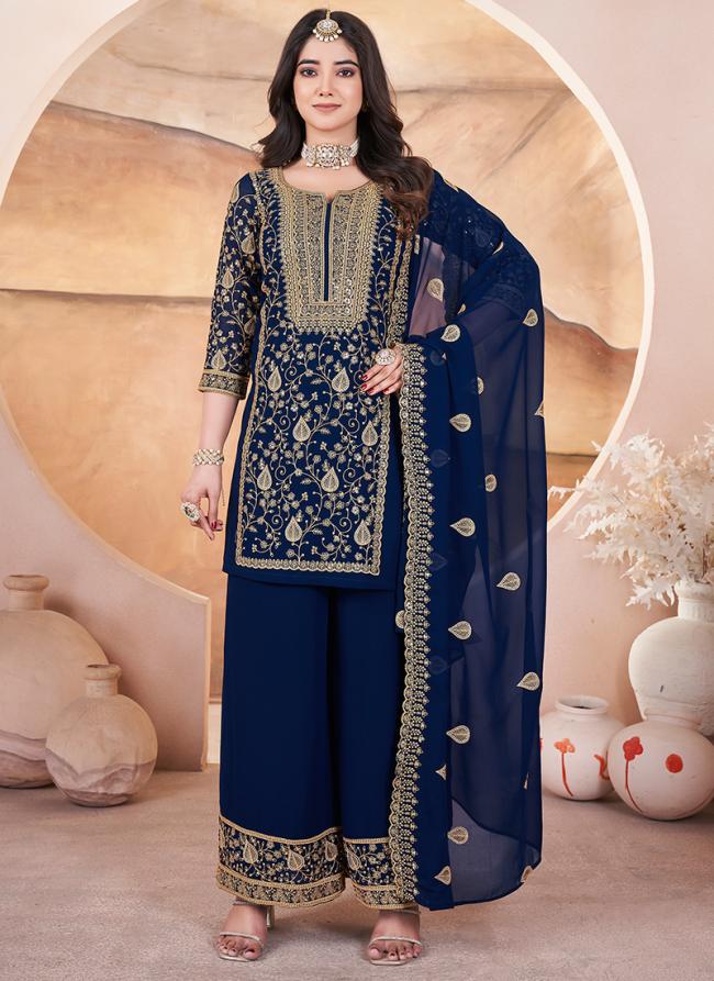 Geogette Blue Ceremonial Wear Embroidery Work Readymade Plazzo Suit